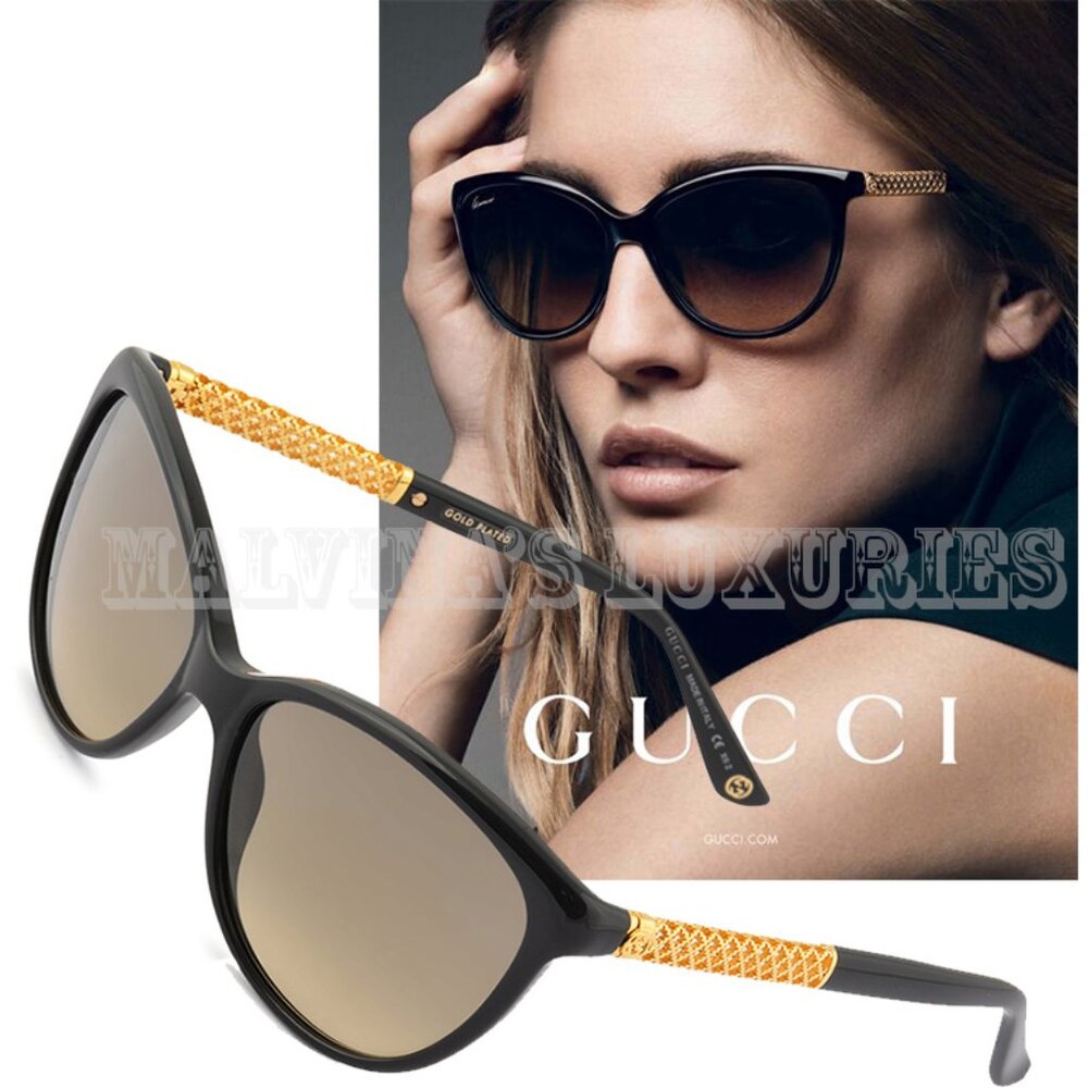 GUCCI SUNGLASSES GOLD PLATED BLACK GG 3692/S CATEYE 2XTED DIAMANTISSIMA